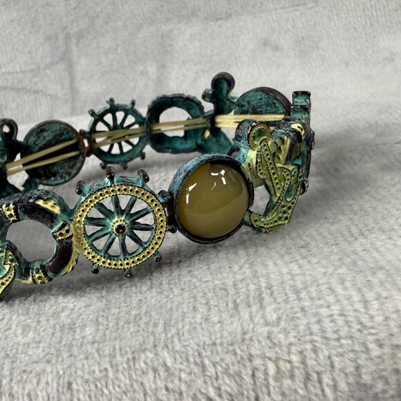 Nautical-Themed Stretch Bracelet Aged Patina Finish Tan Green Accents Distressed - Picture 15 of 16
